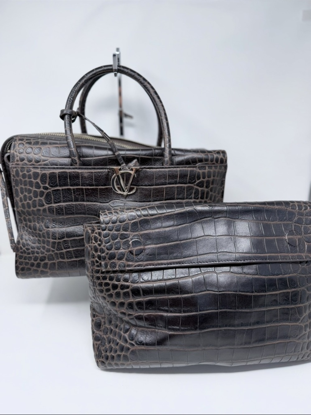 Vince Camuto Dark Brown Croc-Embossed Leather Tote with Matching Pouch